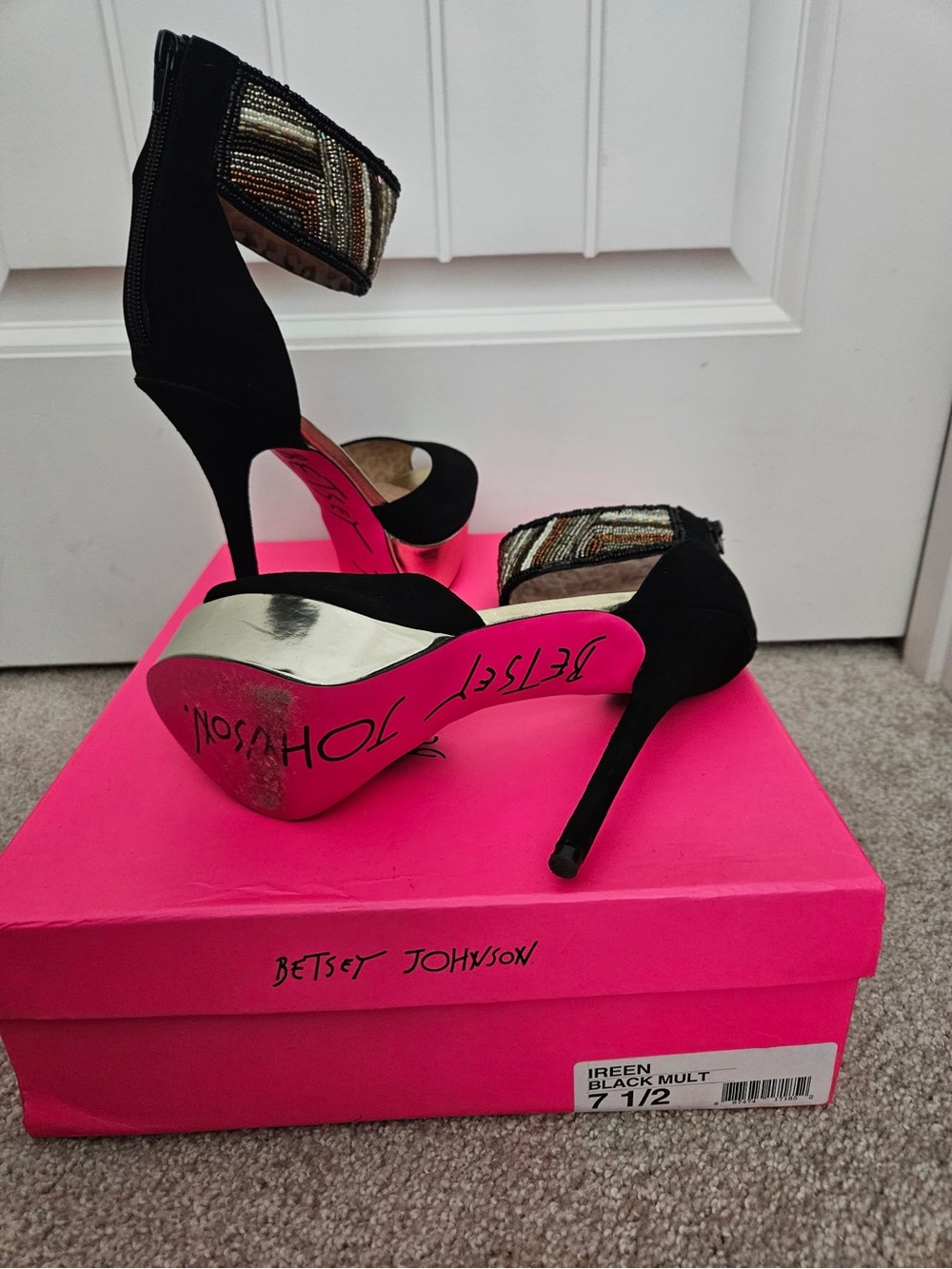 Betsey Johnson Black Beaded Ankle-Strap Stilettos